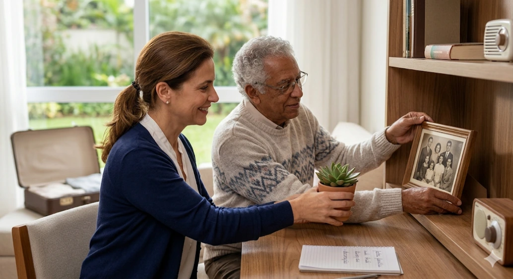 Como adaptar o idoso ao residencial sênior em São Paulo, mostrando filha e idoso personalizando o quarto com fotos de família em ambiente premium.