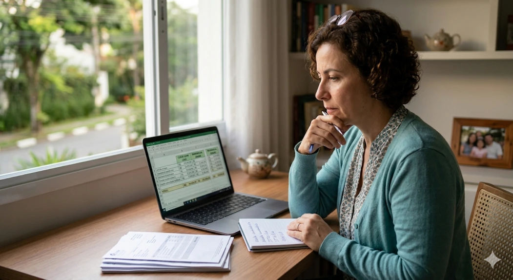 Custo de casa de repouso vs. home care: Mulher da família analisando planilha financeira e documentos técnicos em São Paulo.
