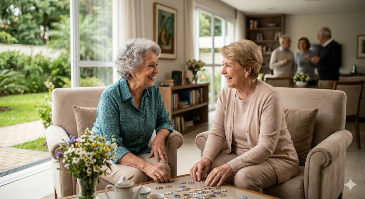 Diferença entre asilo e residencial sênior em São Paulo, duas idosas rindo juntas em ambiente de alto padrão