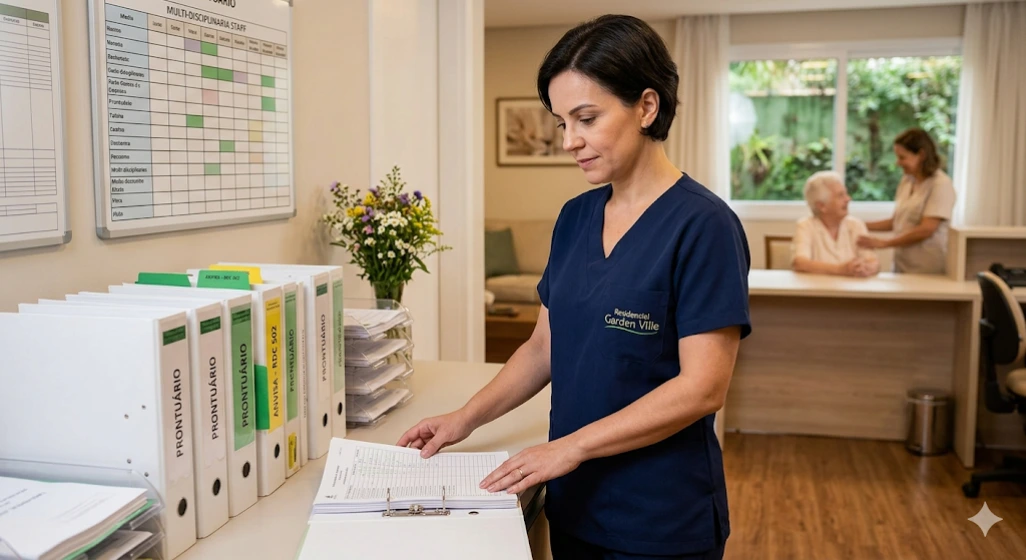 O que é uma ILPI? Enfermeira revisando prontuário técnico de idoso em posto de enfermagem premium em São Paulo.