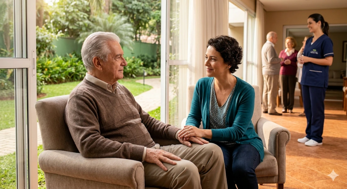 Quebrando o preconceito com casa de repouso: Resgatando a dignidade através da hotelaria assistida, mostrando enfermeira e idoso sorrindo em terraço em São Paulo.