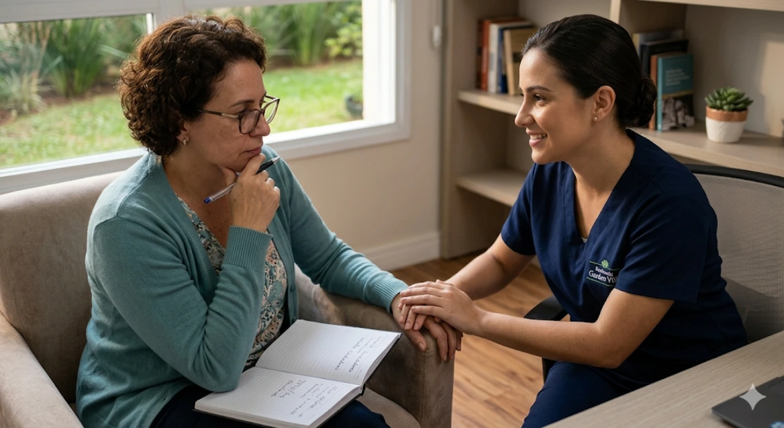 Síndrome do Cuidador: Como evitar o estresse de quem cuida de um idoso sozinho, mostrando cuidadora familiar refletindo em ambiente premium em São Paulo.