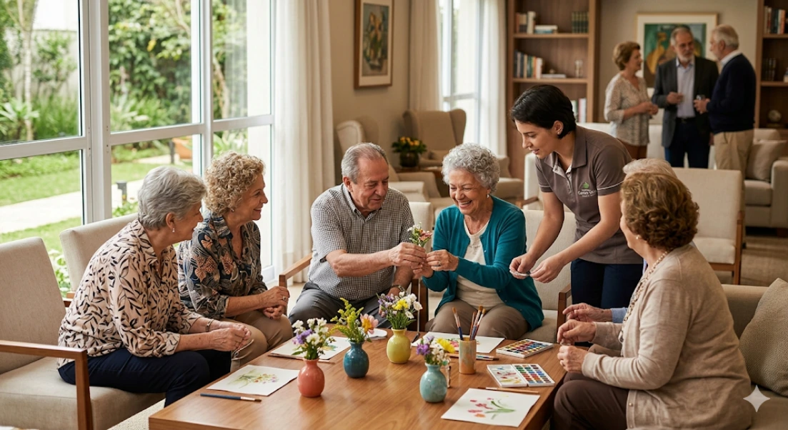 Solidão na terceira idade: Como a hotelaria assistida promove o convívio social, mostrando grupo de idosos sorrindo em atividade de artes em São Paulo