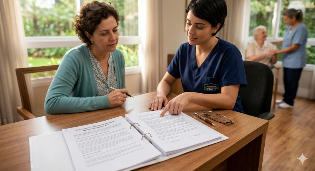 Contrato de residencial sênior: Transparência jurídica através da hotelaria assistida, mostrando contrato aberto em mesa de madeira em São Paulo.